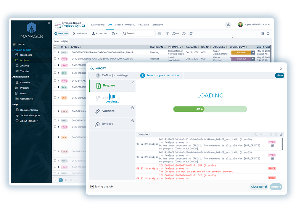 Interface ADAM Manager pour le parametrage et l'import contrôlé des données avec rapport final